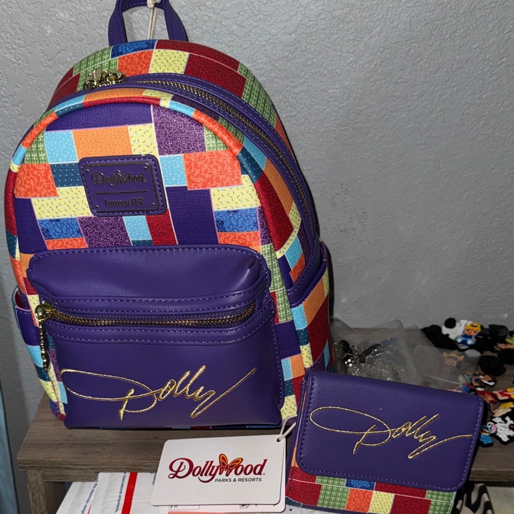 Loungefly Multicolor Patchwork Purple Dolly Backpack and Wallet